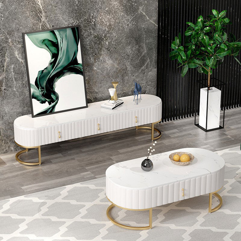 Glam Style Oval Coffee Table with 1 Drawer and Stone Top and Iron Base