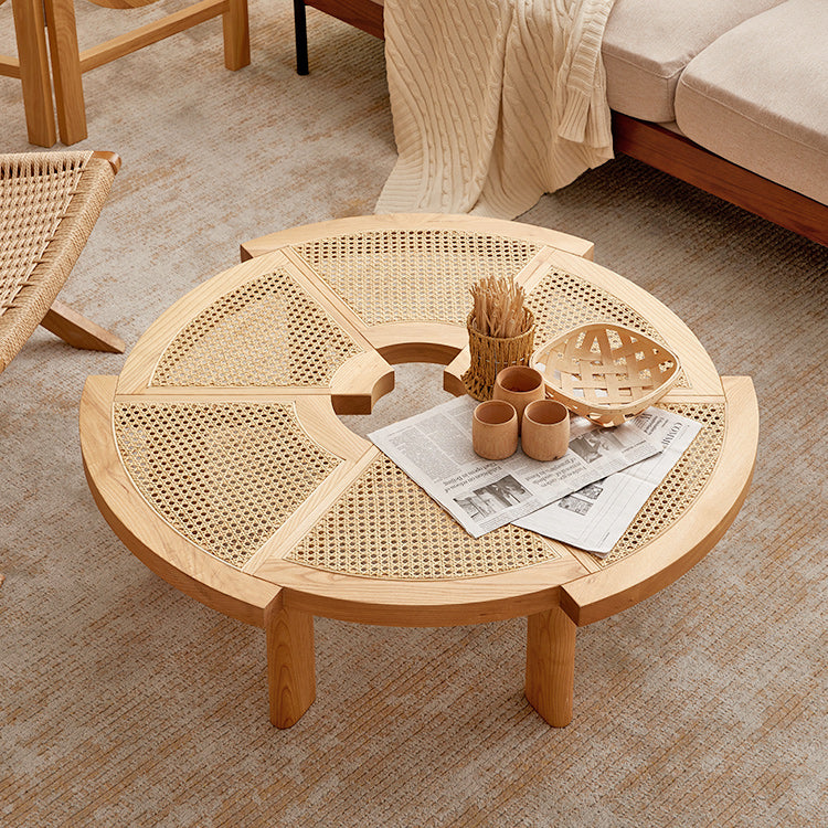 Scandinavian Rattan Cocktail Table Round Wooden Cocktail Table for Living Room