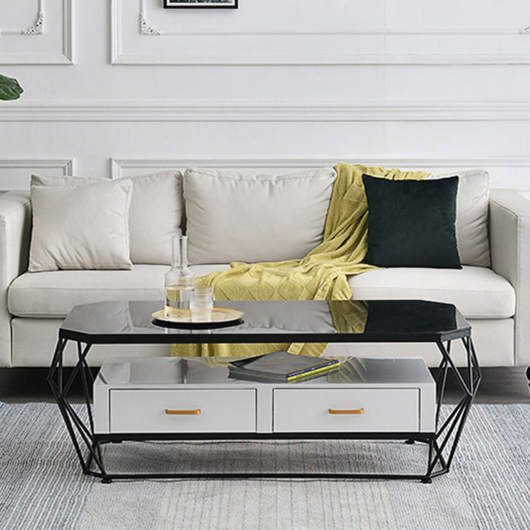 Modern Frame Coffee Cocktail Table Rectangular Glass Top Cocktail Table with Drawer