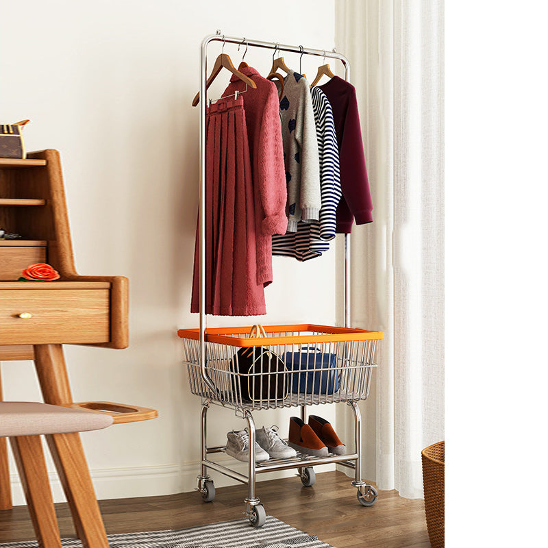 Industrial Metallic Coat Hanger Free Standing Coat Rack with Storage Basket