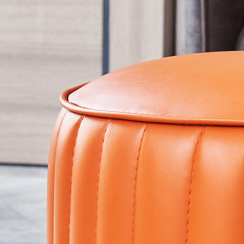 Orange Leather Solid Color Pouf Round Water Resistant Indoor Pouf