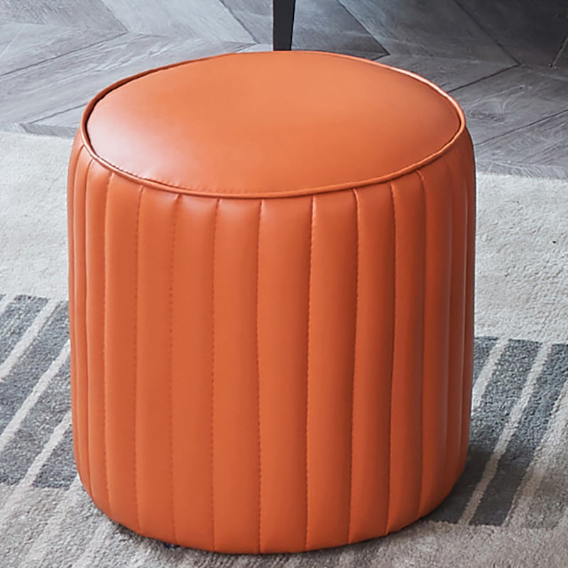 Orange Leather Solid Color Pouf Round Water Resistant Indoor Pouf