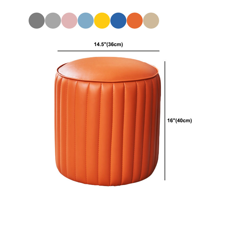 Orange Leather Solid Color Pouf Round Water Resistant Indoor Pouf