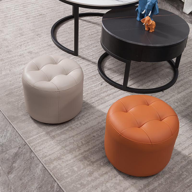Modern Genuine Leather Ottoman Plain Tufted Detail Round Footstool Ottoman