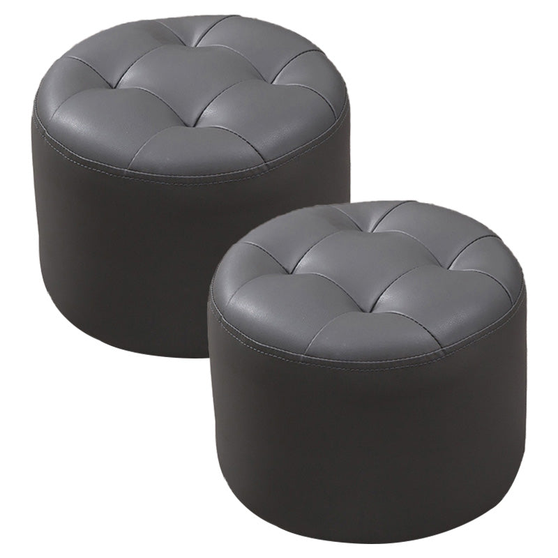 Modern Genuine Leather Ottoman Plain Tufted Detail Round Footstool Ottoman