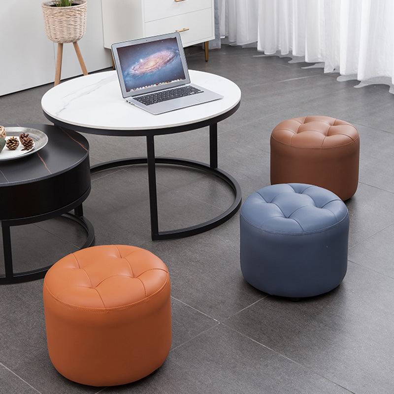 Modern Genuine Leather Ottoman Plain Tufted Detail Round Footstool Ottoman