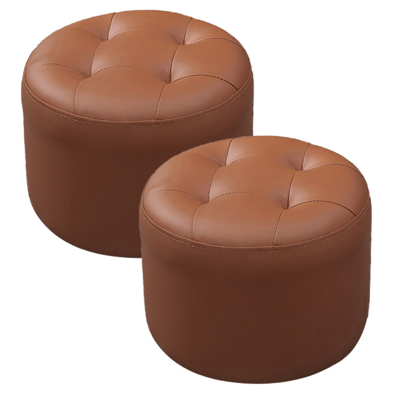Modern Genuine Leather Ottoman Plain Tufted Detail Round Footstool Ottoman