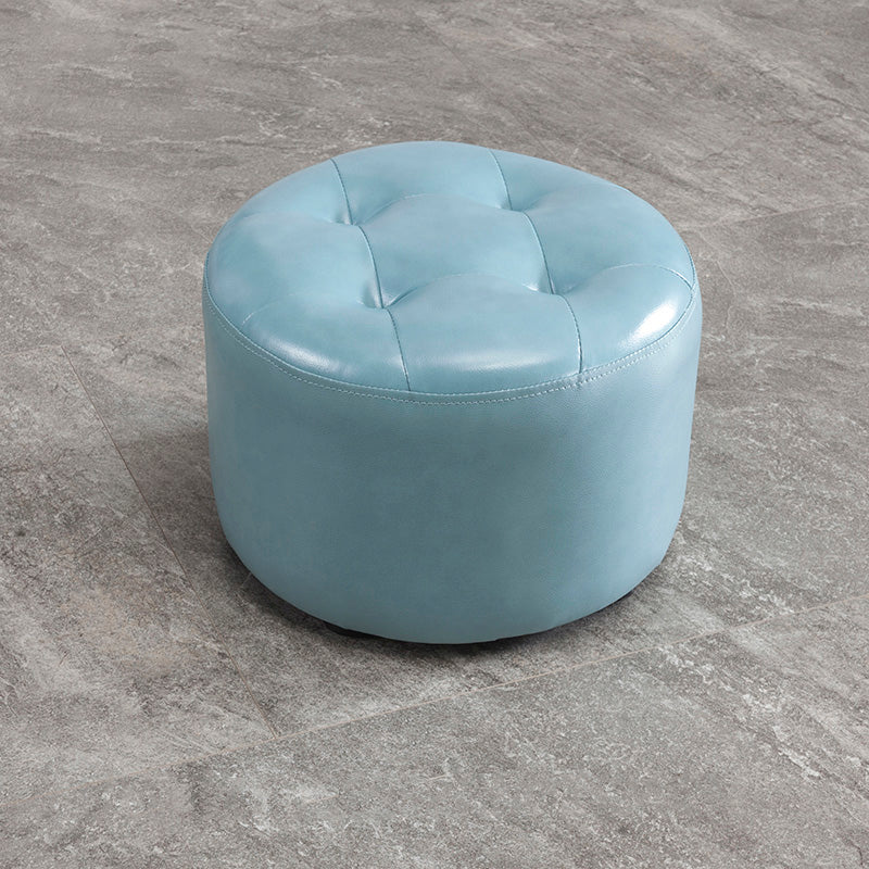 Modern Genuine Leather Ottoman Plain Tufted Detail Round Footstool Ottoman