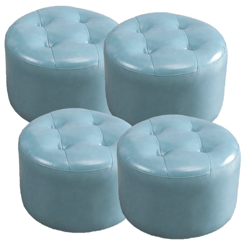 Modern Genuine Leather Ottoman Plain Tufted Detail Round Footstool Ottoman