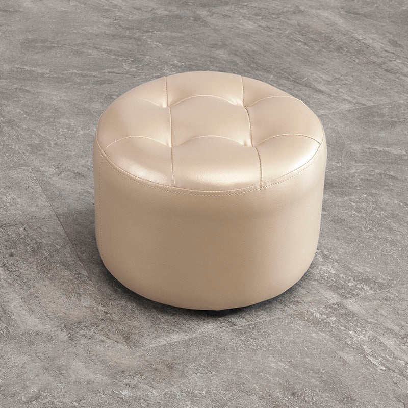 Modern Genuine Leather Ottoman Plain Tufted Detail Round Footstool Ottoman