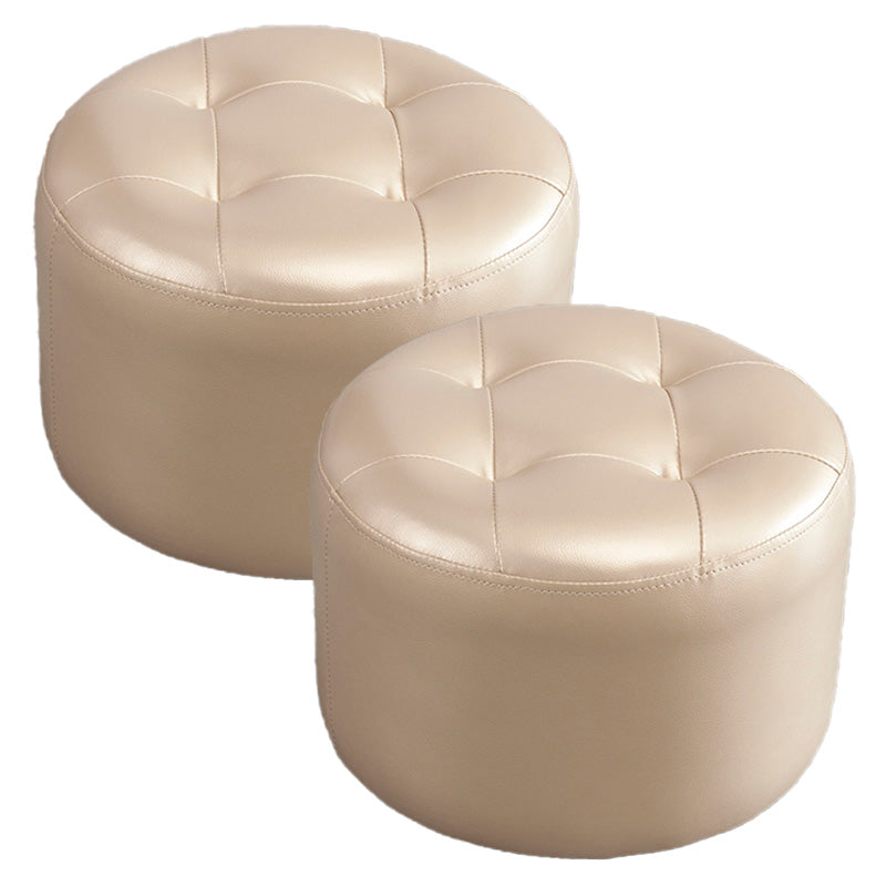 Modern Genuine Leather Ottoman Plain Tufted Detail Round Footstool Ottoman