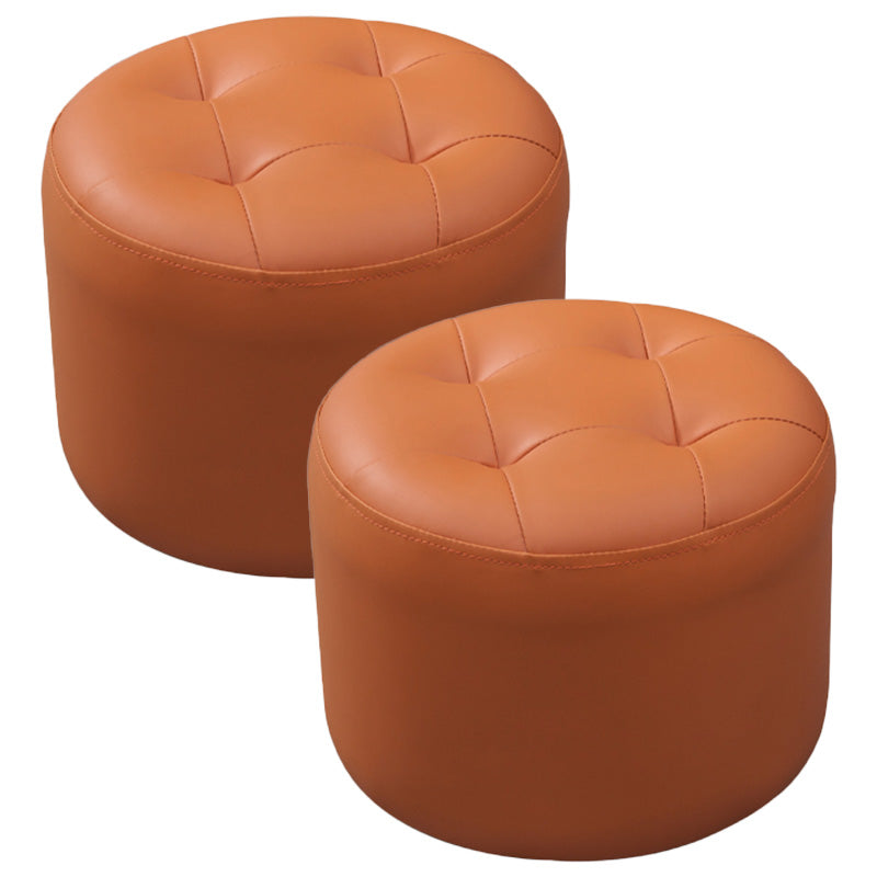 Modern Genuine Leather Ottoman Plain Tufted Detail Round Footstool Ottoman