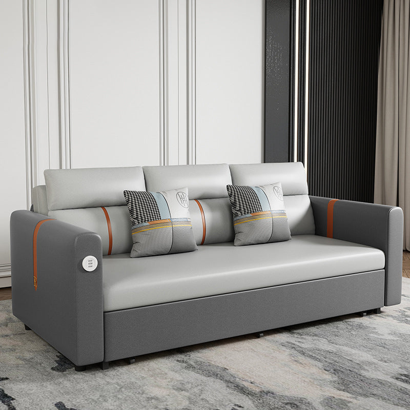 Faux Leather Sofa Convertible Sofa Bed with Square Arm in Grey