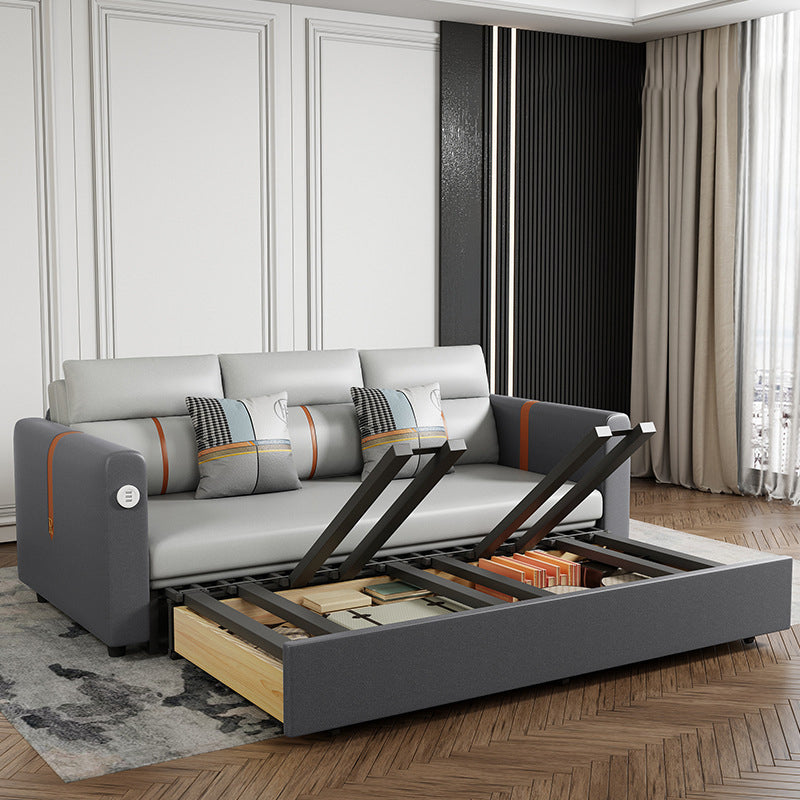 Faux Leather Sofa Convertible Sofa Bed with Square Arm in Grey