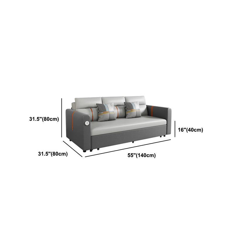 Faux Leather Sofa Convertible Sofa Bed with Square Arm in Grey