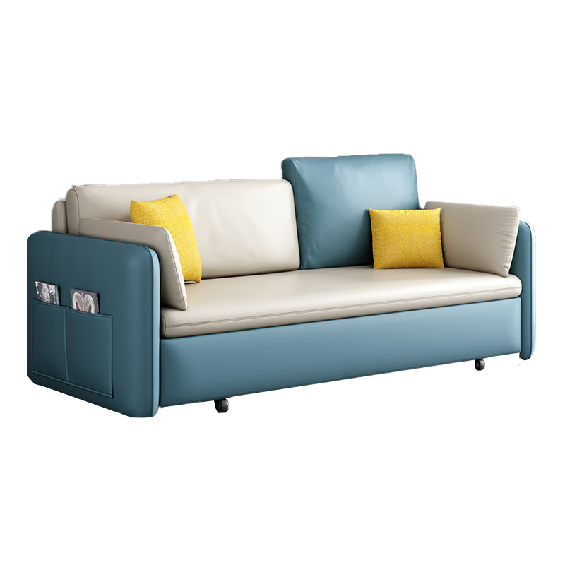 Faux Leather Sofa Bed Contemporary Square Arm Convertible Sofa in Blue