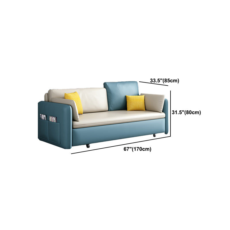Faux Leather Sofa Bed Contemporary Square Arm Convertible Sofa in Blue