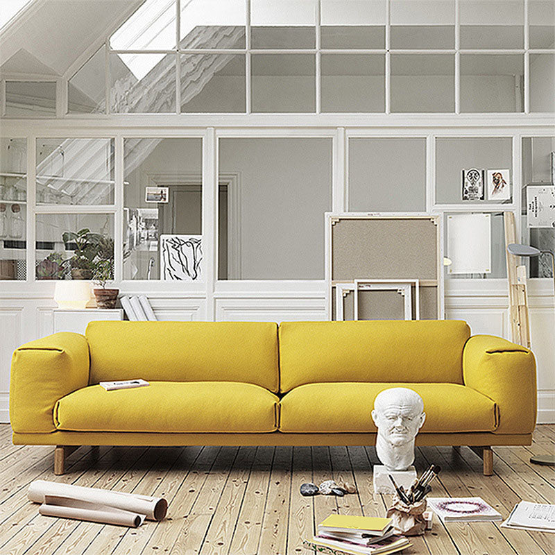 35.43 inch Wide Linen Sofa Square Arm Cushions Sofa in Yellow