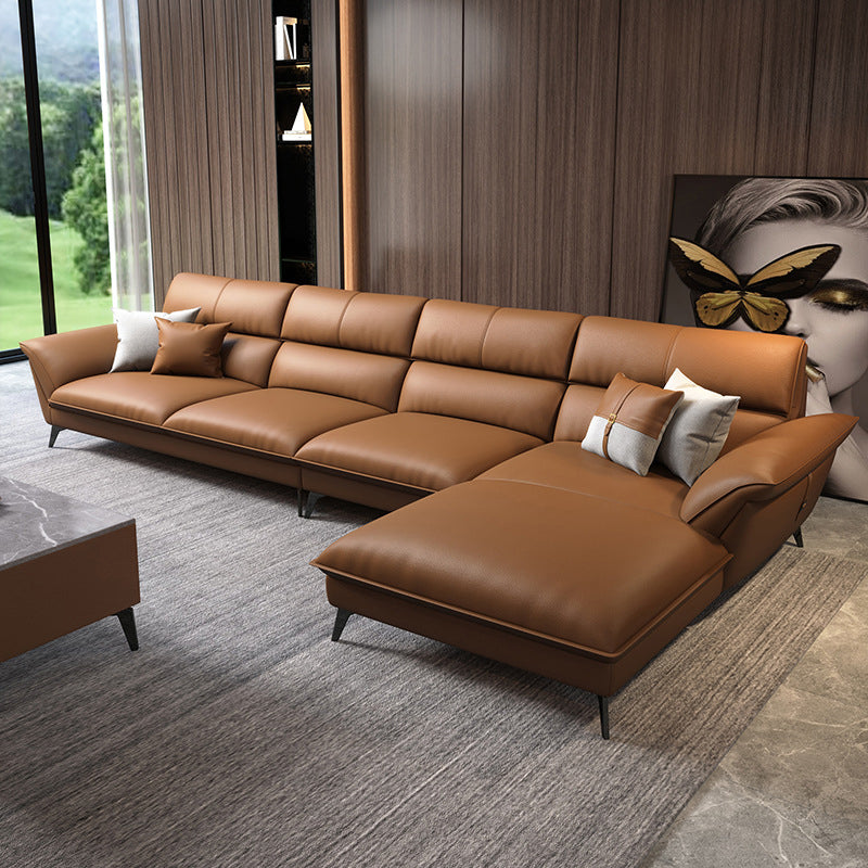 Glam Stationary Living Room Flared Arm Cushions Faux Leather Sofa Chaise