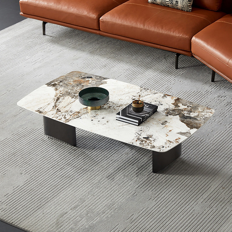 Stone Top Coffee Table with Black Metal Legs for Living Room