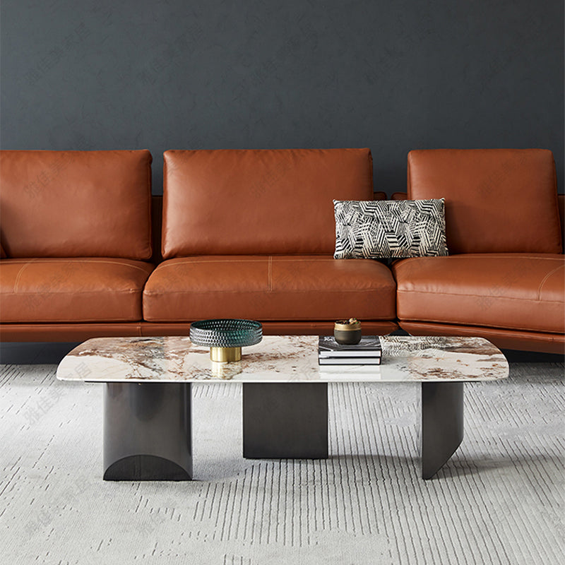 Stone Top Coffee Table with Black Metal Legs for Living Room
