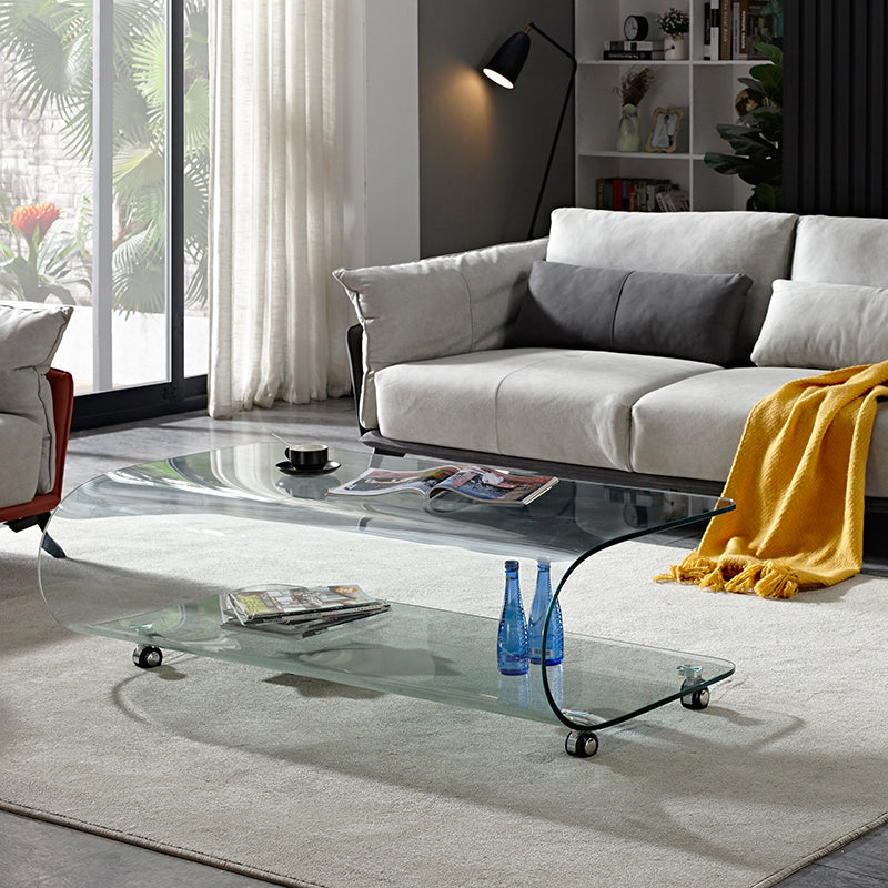 Contemporary Glass Shelf Included Coffee Cocktail Table with Casters