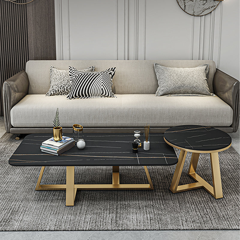 Glam Rectangle Stone Top Coffee Table with Iron Cross Legs Coffee Table