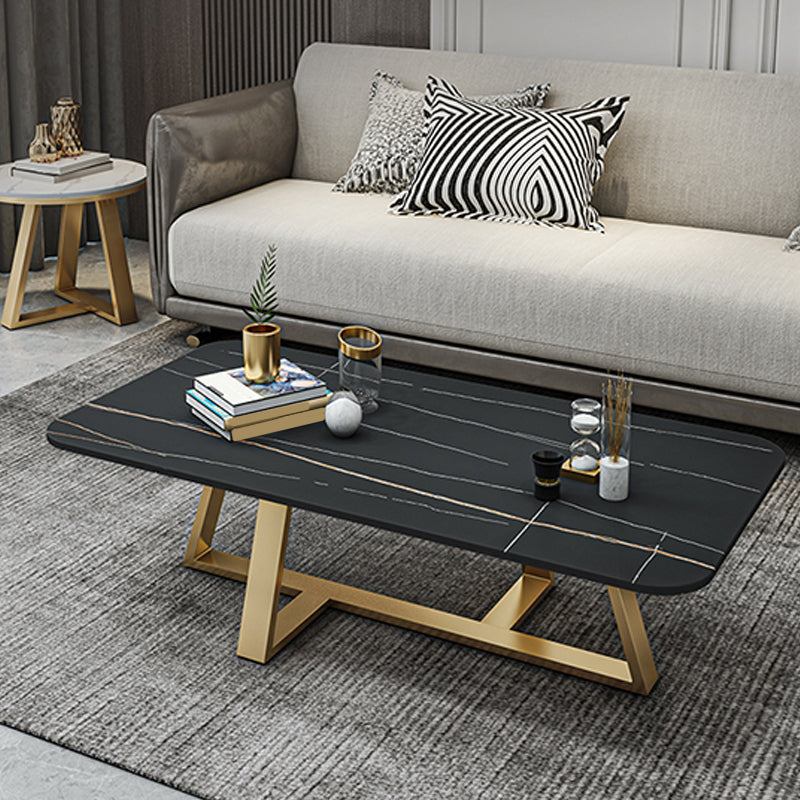 Glam Rectangle Stone Top Coffee Table with Iron Cross Legs Coffee Table