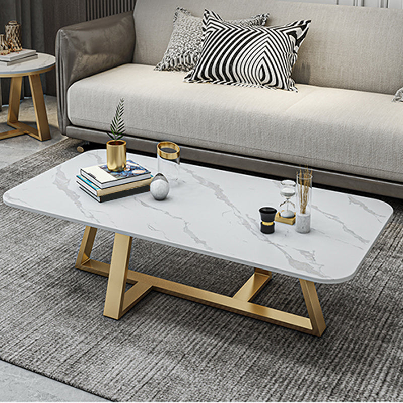 Glam Rectangle Stone Top Coffee Table with Iron Cross Legs Coffee Table