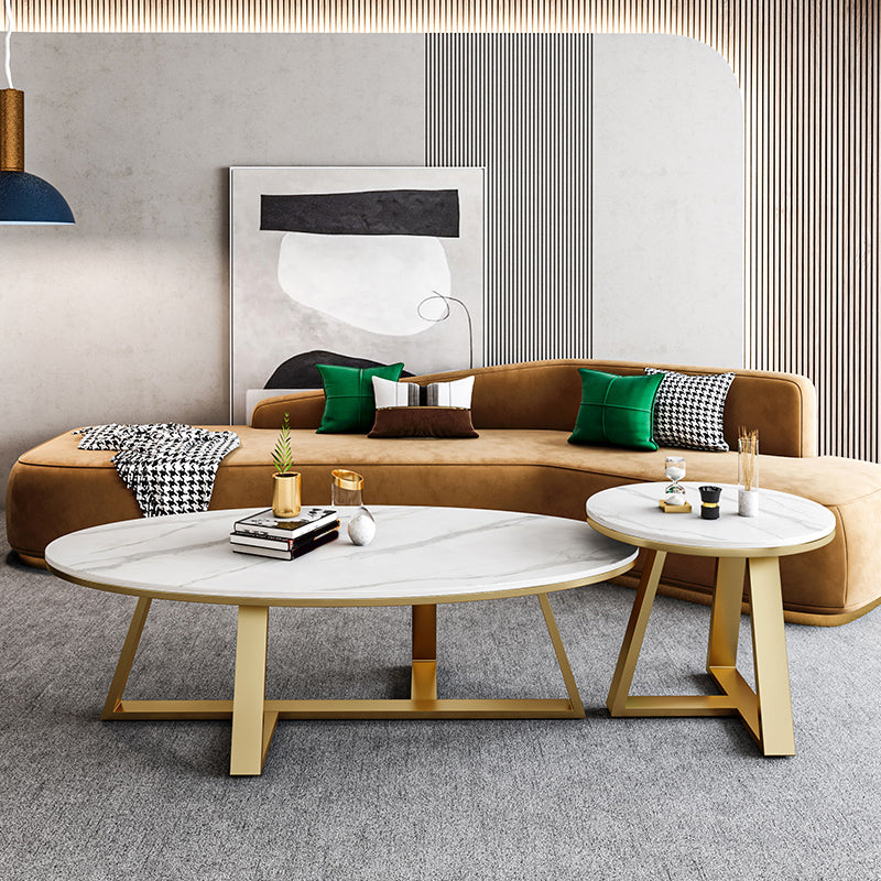 Oval Stone Top Coffee Table with Iron Cross Base Cocktail Table in White