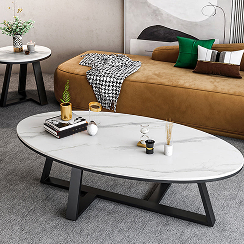 Oval Stone Top Coffee Table with Iron Cross Base Cocktail Table in White
