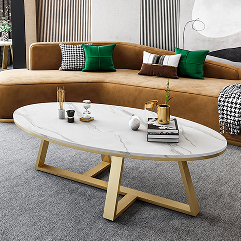 Oval Stone Top Coffee Table with Iron Cross Base Cocktail Table in White