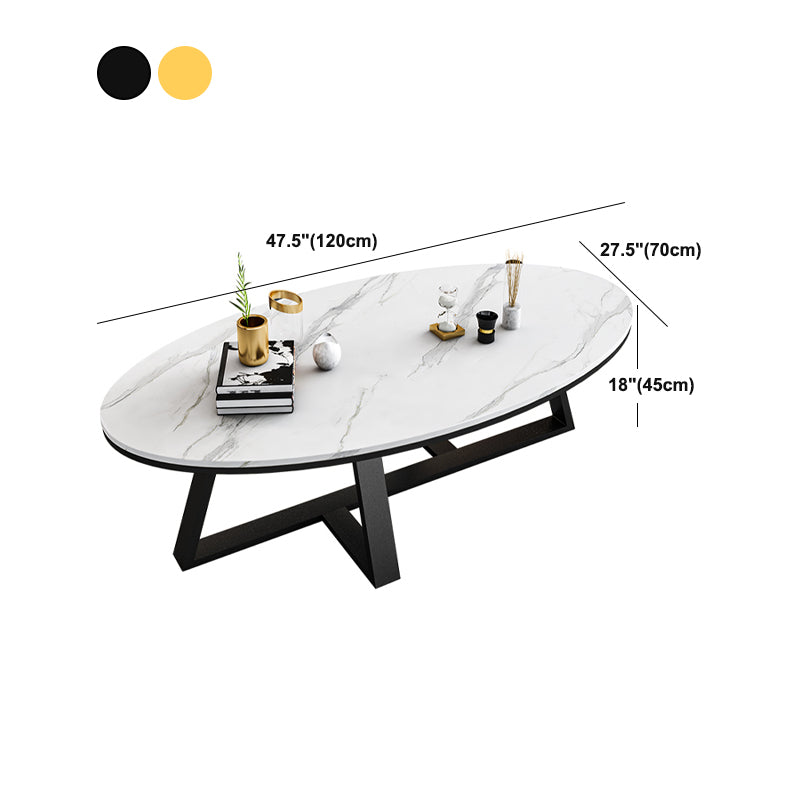 Oval Stone Top Coffee Table with Iron Cross Base Cocktail Table in White