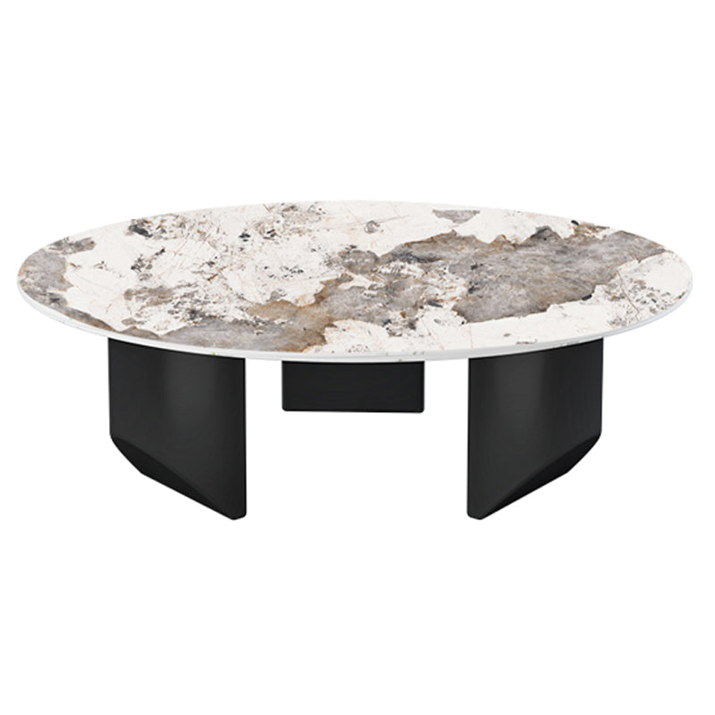 Stone Top Coffee Table with 3 Metal Legs 15.75 Inch High for Living Room