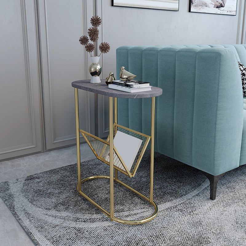 24.8" Tall Iron Frame Base End Table Oval Slate Top Side Table with Magazine Holder