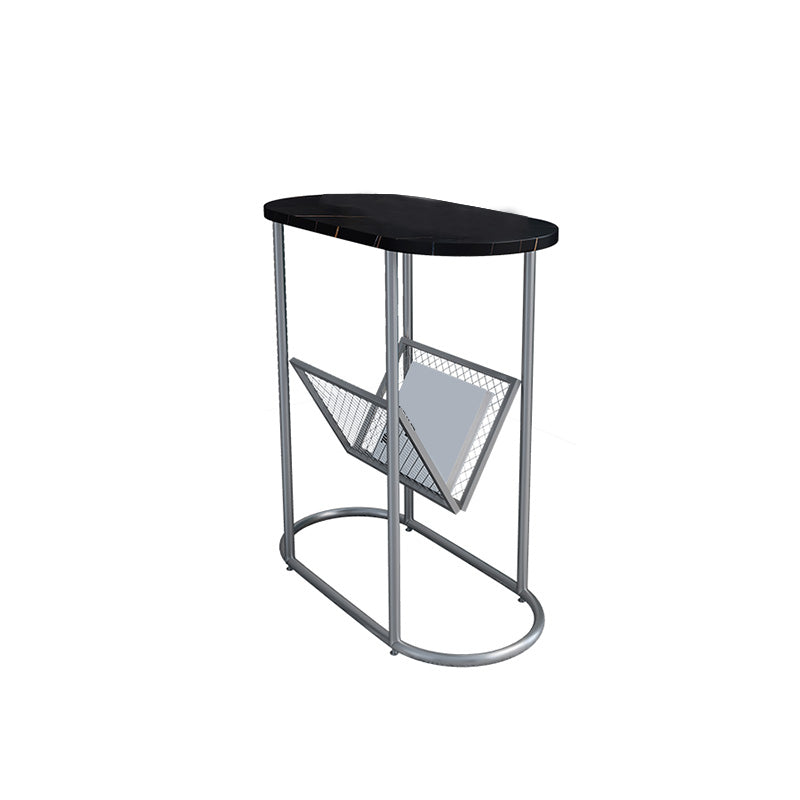 24.8" Tall Iron Frame Base End Table Oval Slate Top Side Table with Magazine Holder