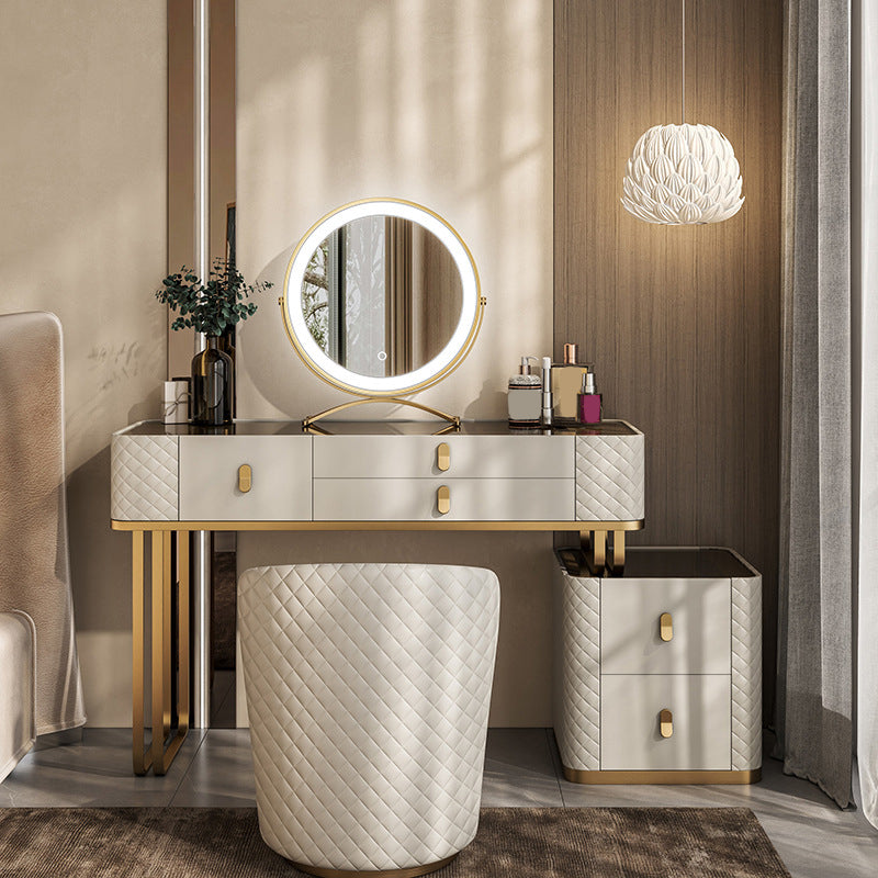 5-Drawer Vanity Makeup Table Set Glam Glass Top Vanity Table with Stool - 17.72" D