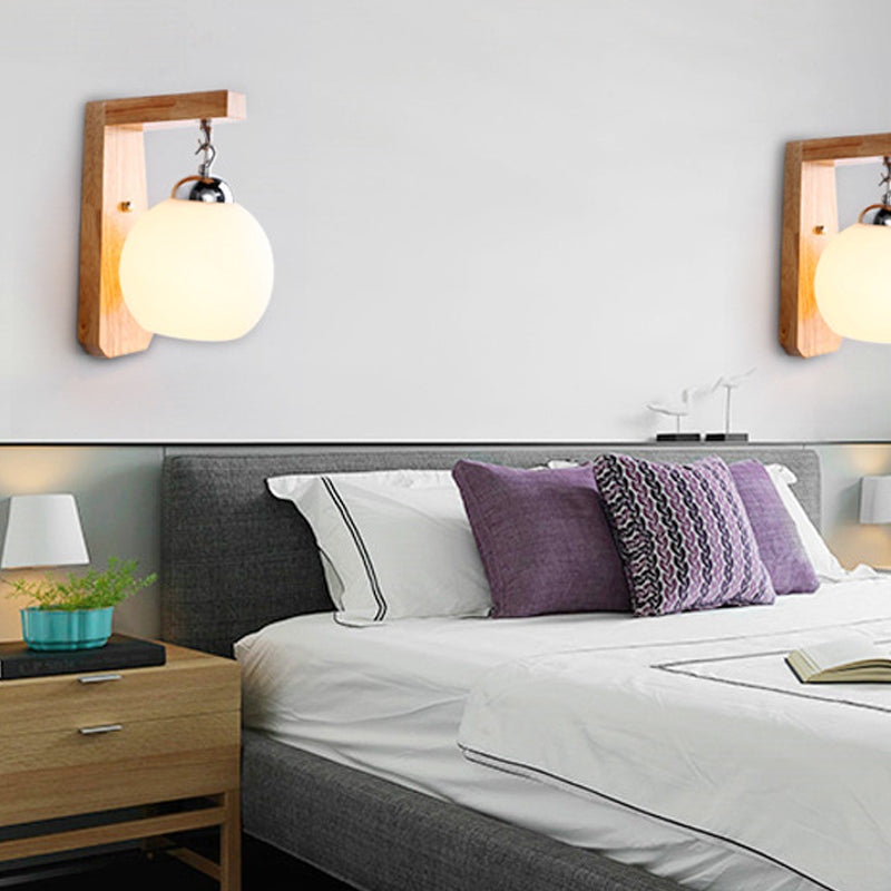 Nordic Wood Wall Light Globe 8" Wide Wall Sconce with White Glass for Living Room