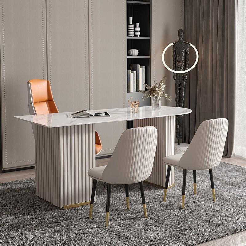 Beige Stone Writing Desk with Chrome Metal Base Office Desk Pedestal