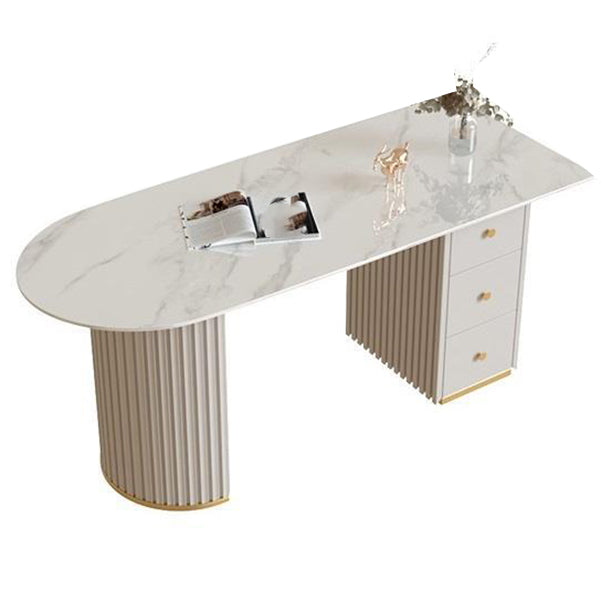 Beige Stone Writing Desk with Chrome Metal Base Office Desk Pedestal