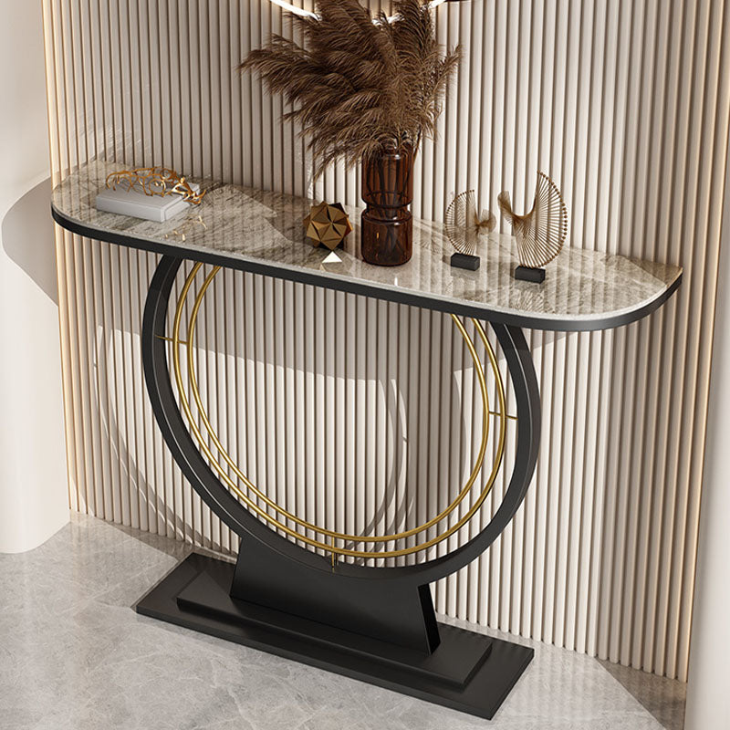 Contemporary Iron Console Sofa Table Stone Half Moon End Table for Hall