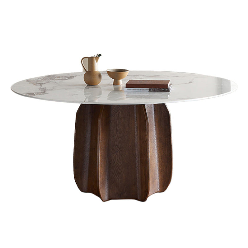 Round Dining Table Modern Stone Top Dining Table with Solid Wood Pedestal