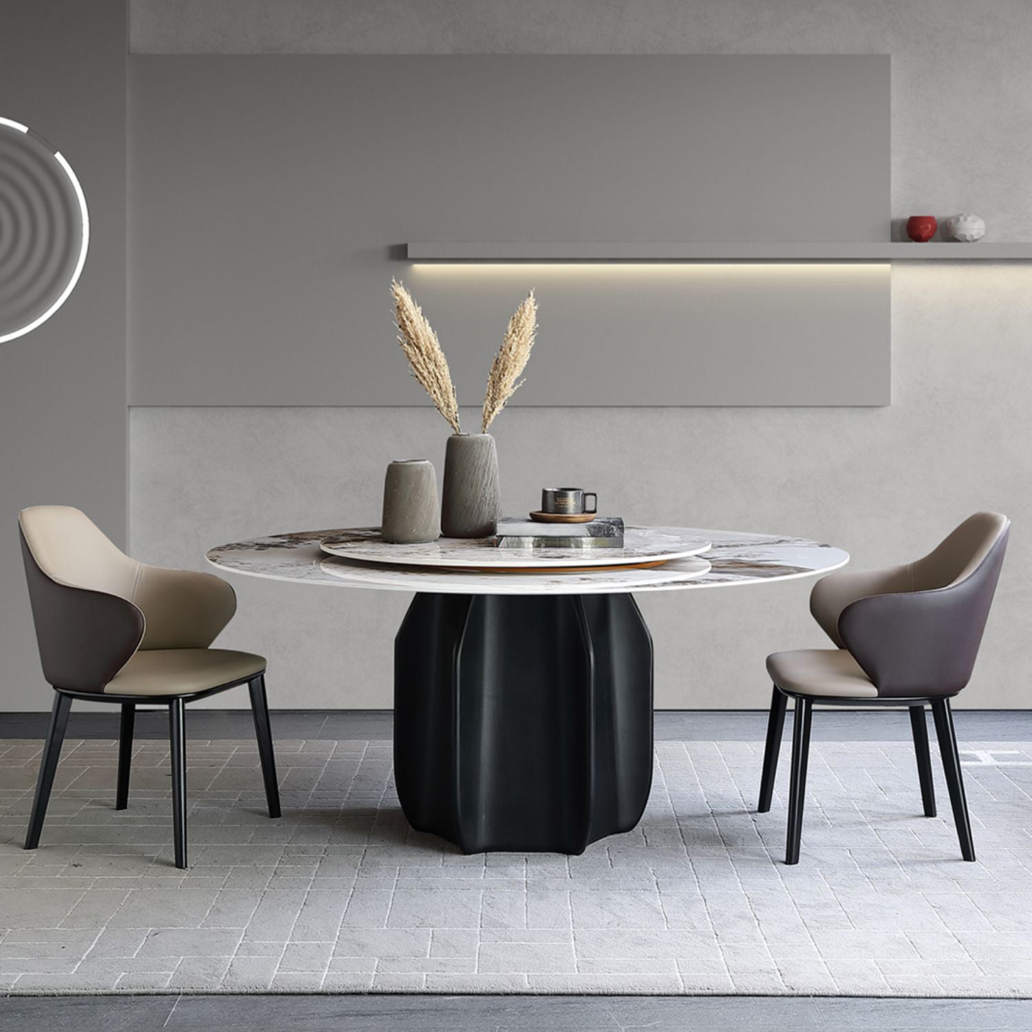 Round Dining Table Modern Stone Top Dining Table with Solid Wood Pedestal