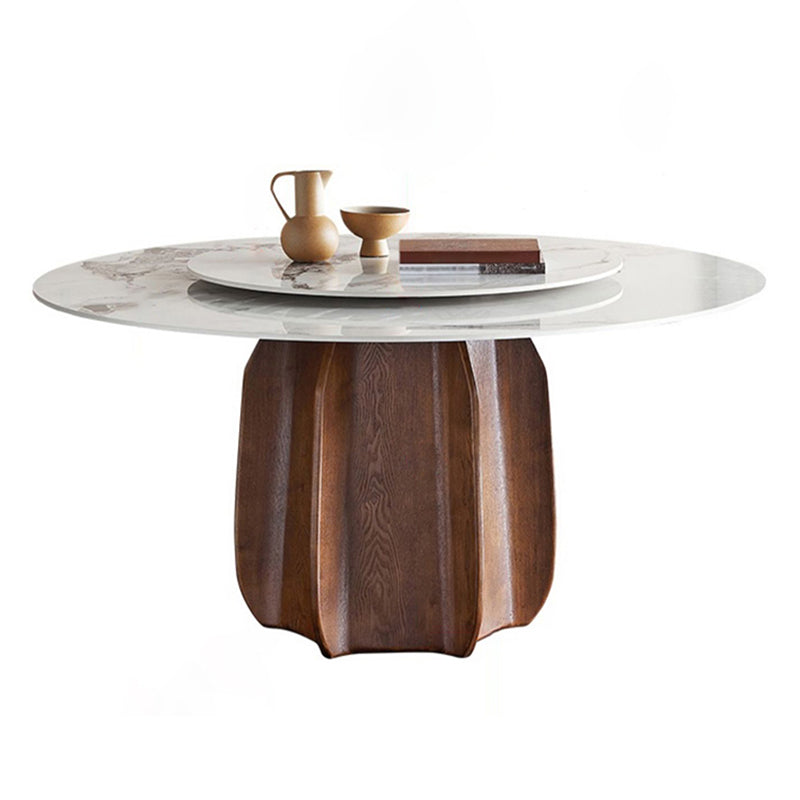 Round Dining Table Modern Stone Top Dining Table with Solid Wood Pedestal