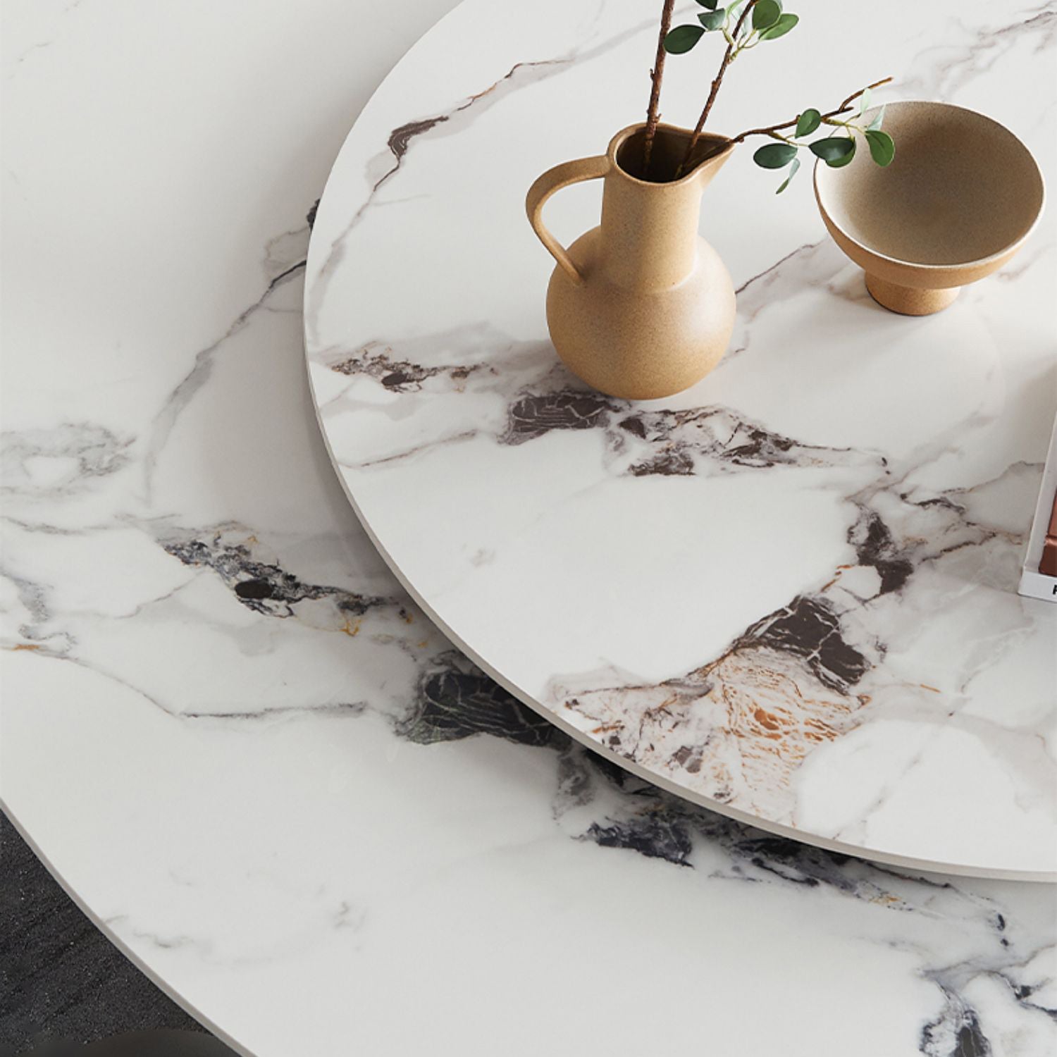 Round Dining Table Modern Stone Top Dining Table with Solid Wood Pedestal