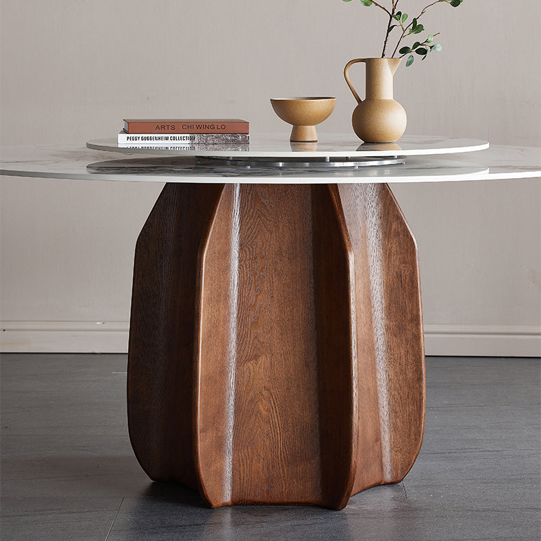 Round Dining Table Modern Stone Top Dining Table with Solid Wood Pedestal