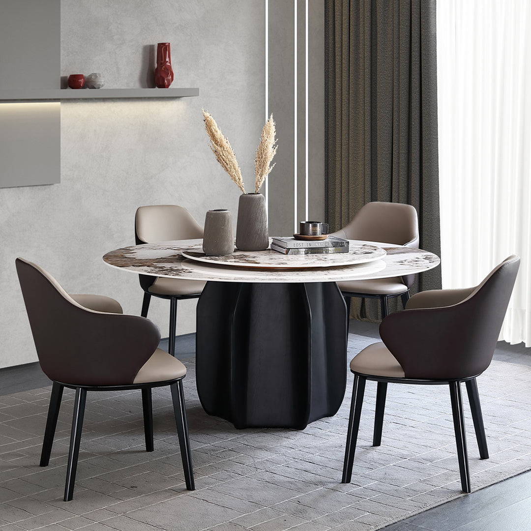 Round Dining Table Modern Stone Top Dining Table with Solid Wood Pedestal