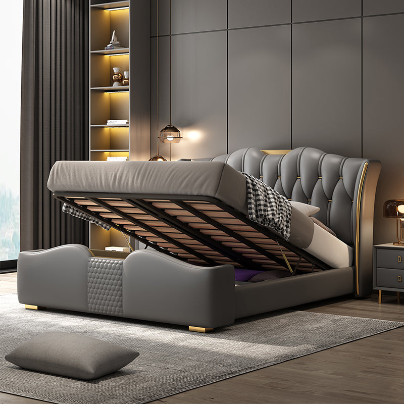 Glam wood Standard Bed Faux Leather Bed Frame with Upholstered Headboard for Bedroom