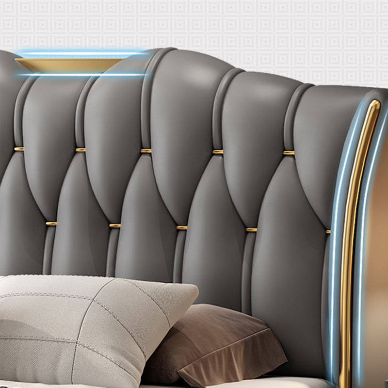 Glam wood Standard Bed Faux Leather Bed Frame with Upholstered Headboard for Bedroom