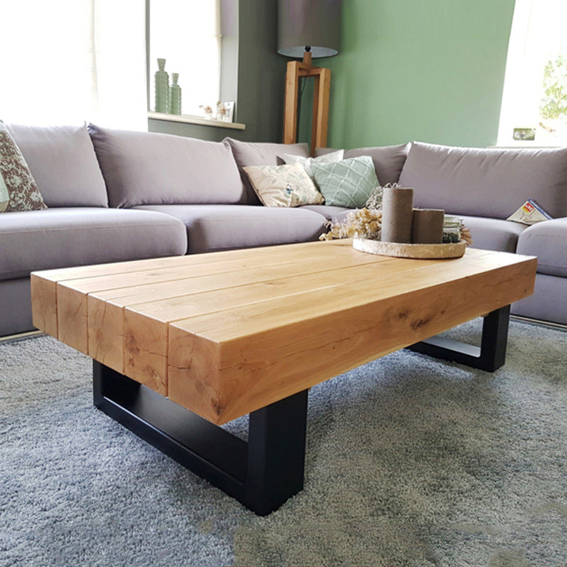 Solid Wood Coffee Table with Metal Sled Legs for Living Room